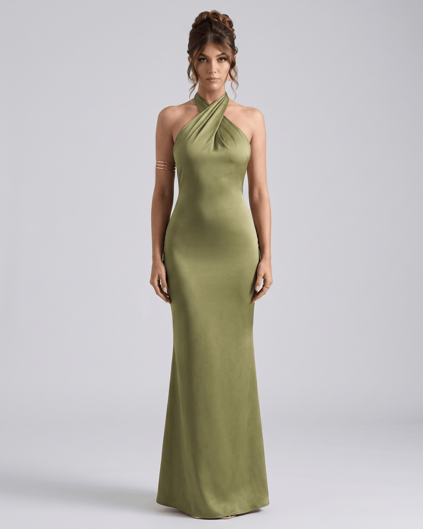 Zerelle Maxi Dress in olive green, halter neckline, smooth polyester, elegant silhouette by Lauven.