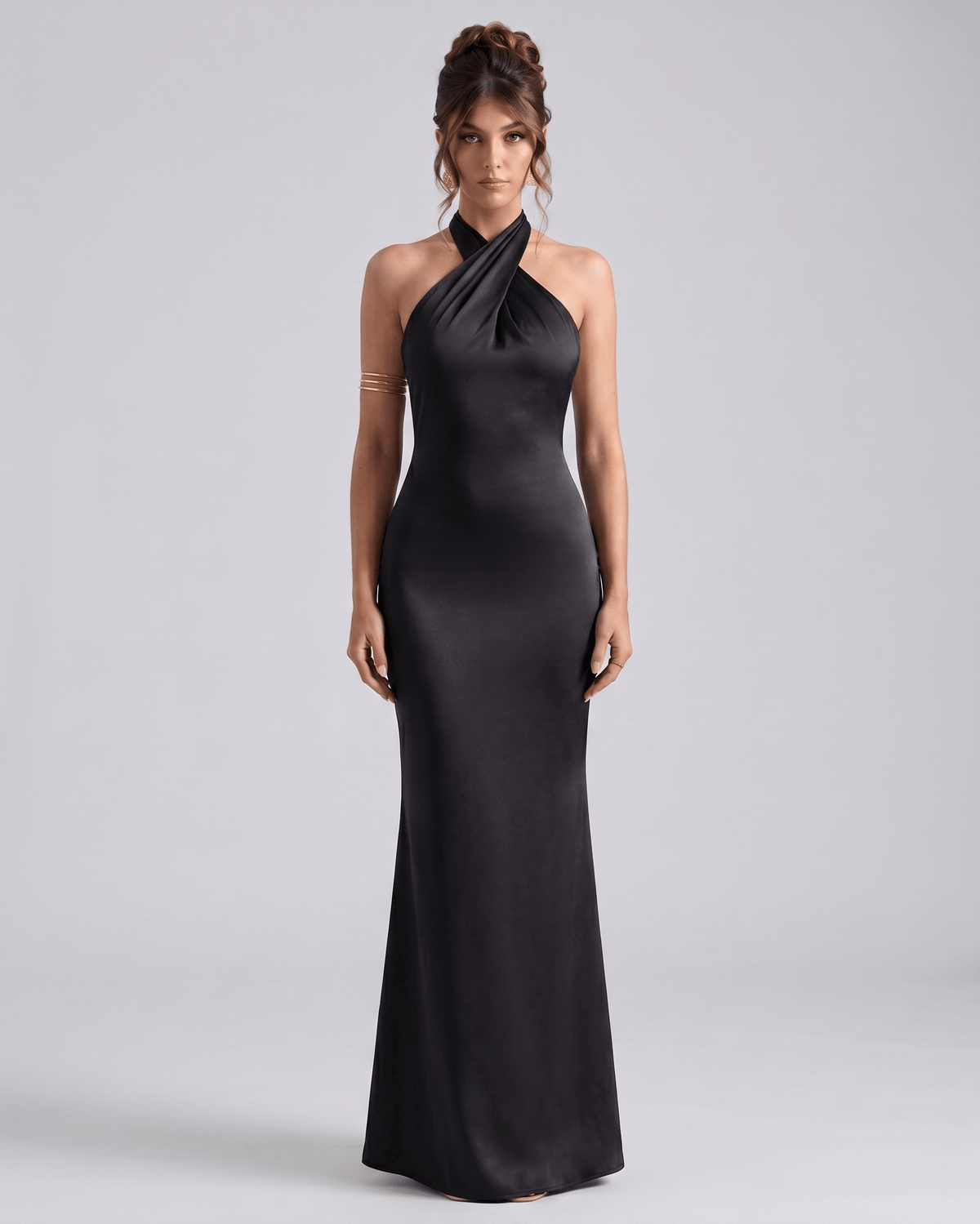 Zerelle Maxi Dress: Halter neckline, smooth polyester, elegant ruffles, perfect for formal occasions, by Lauven.