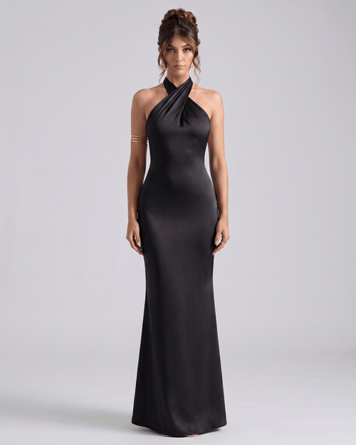 Zerelle Maxi Dress: Halter neckline, smooth polyester, elegant ruffles, perfect for formal occasions, by Lauven.