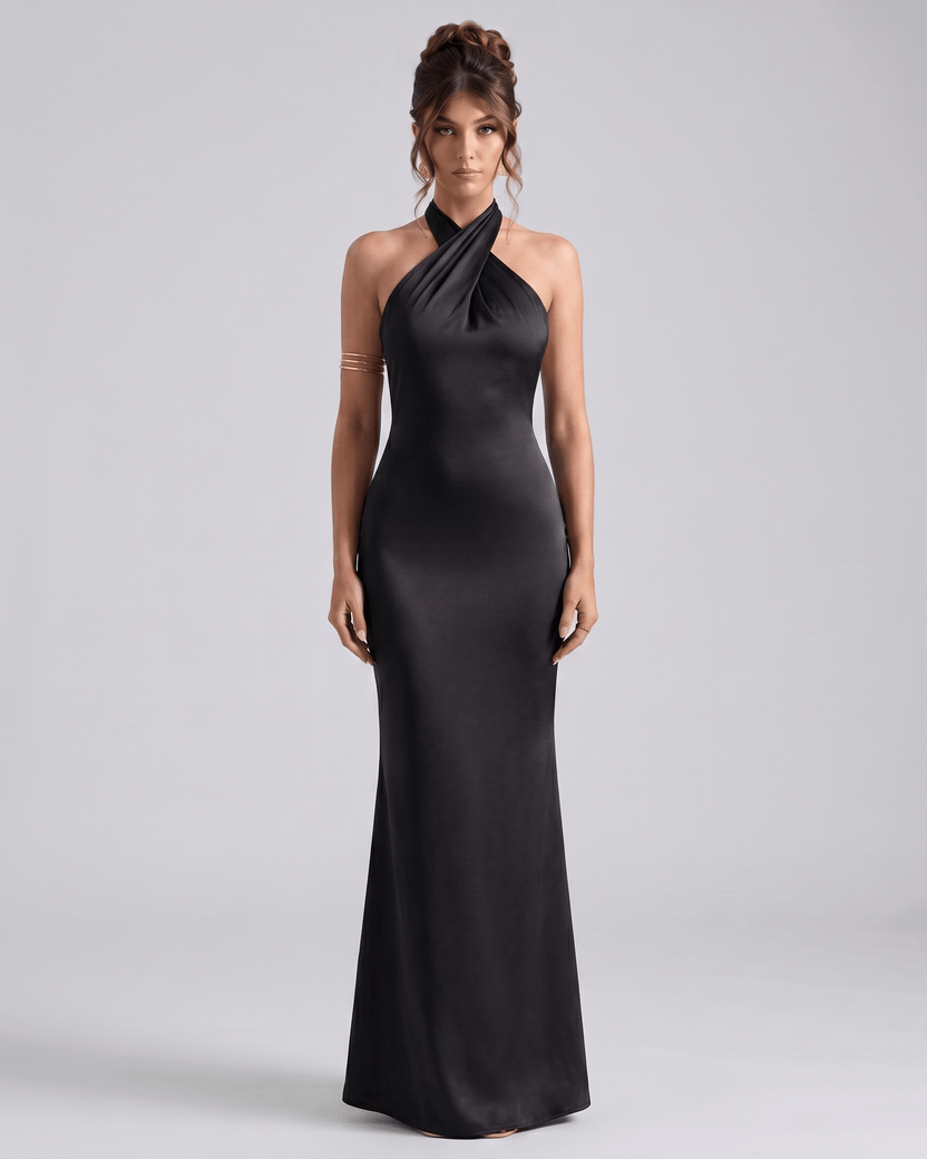 Zerelle Maxi Dress: Halter neckline, smooth polyester, elegant ruffles, perfect for formal occasions, by Lauven.