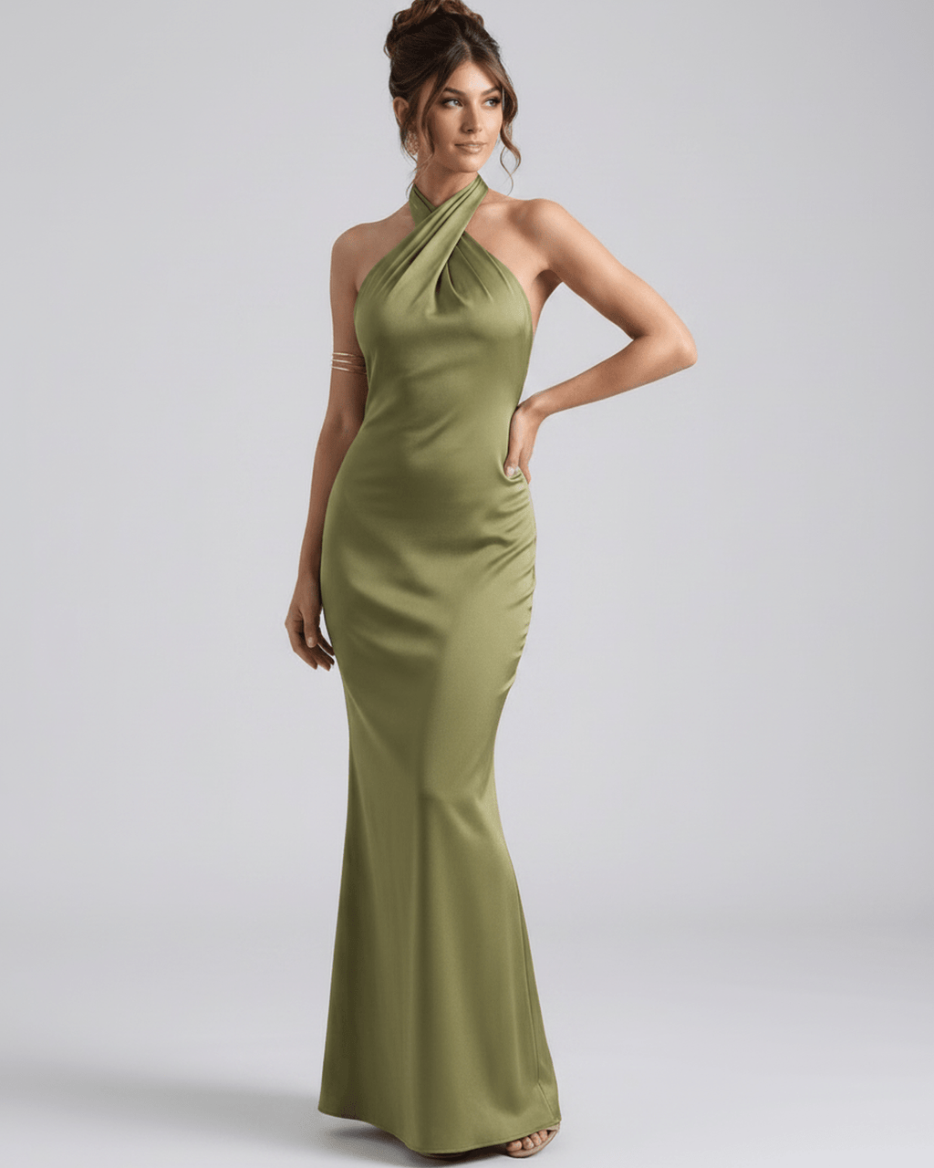 Zerelle Maxi Dress in olive green with halter neckline, smooth polyester, refined silhouette by Lauven.