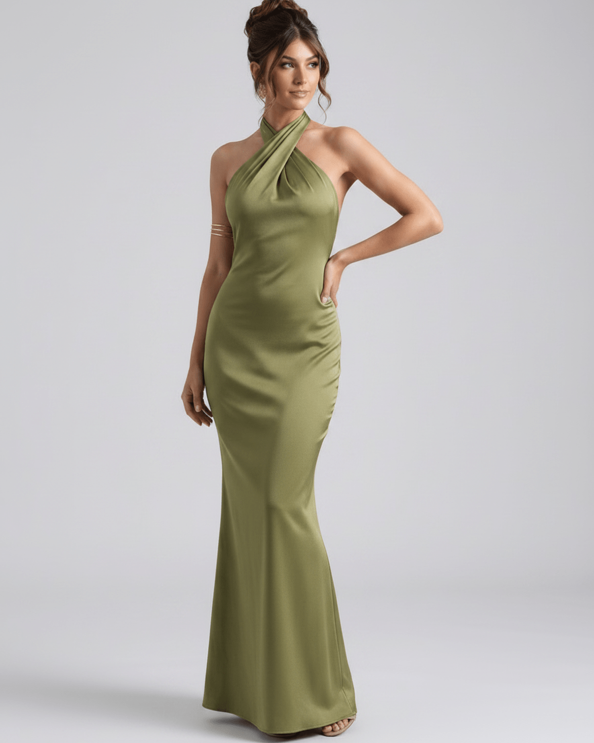 Zerelle Maxi Dress in olive green with halter neckline, smooth polyester, refined silhouette by Lauven.