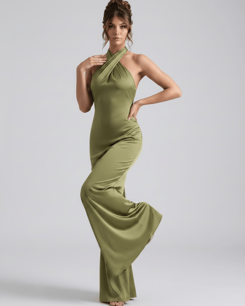 Zerelle Maxi Dress in olive green, featuring a halter neckline and smooth polyester finish by Lauven.