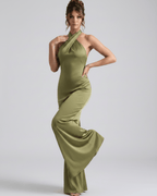 Zerelle Maxi Dress in olive green, featuring a halter neckline and smooth polyester finish by Lauven.