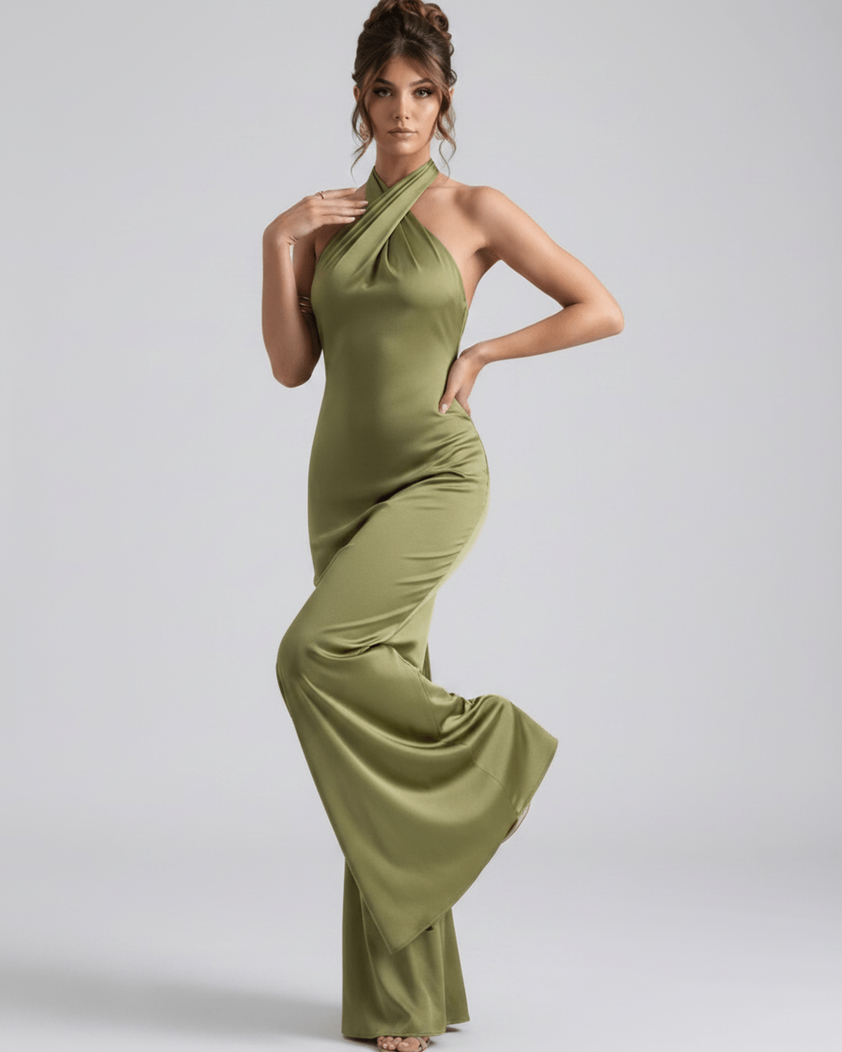 Zerelle Maxi Dress in olive green, featuring a halter neckline and smooth polyester finish by Lauven.