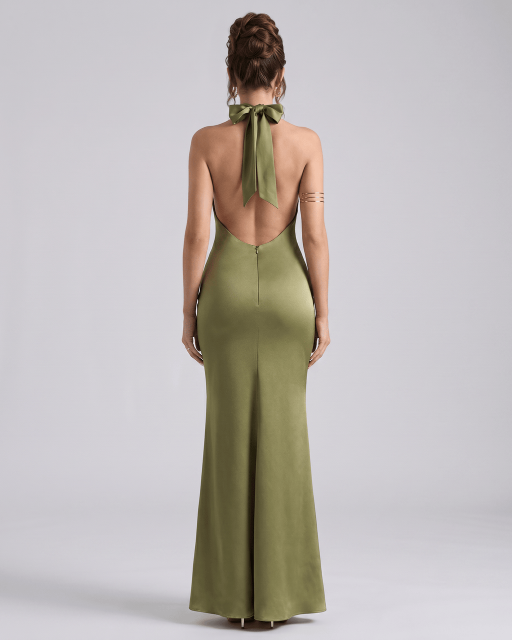 Zerelle Maxi Dress in olive green, halter neckline, smooth polyester, refined silhouette by Lauven.