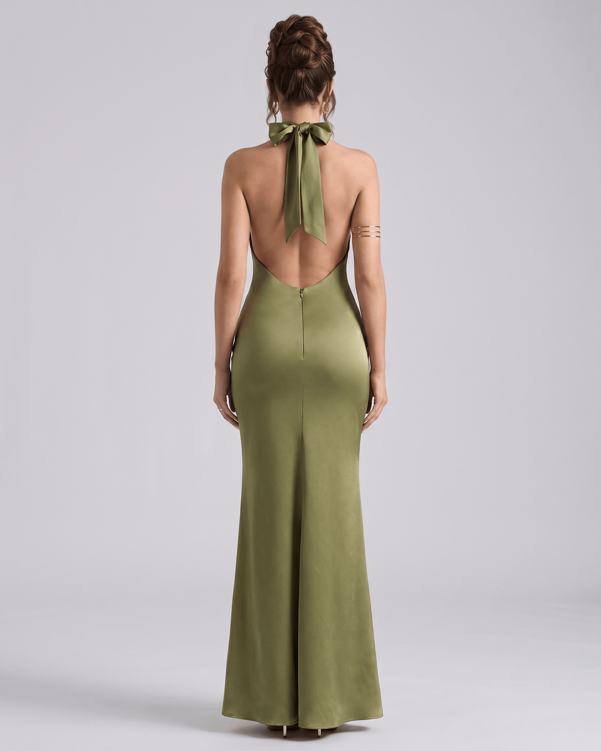 Zerelle Maxi Dress in olive green, halter neckline, smooth polyester, refined silhouette by Lauven.