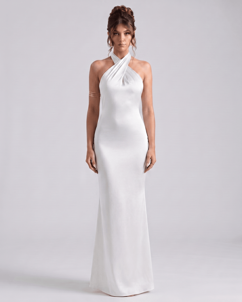 Zerelle Maxi Dress by Lauven, halter neckline, smooth polyester, elegant silhouette, ideal for formal occasions.