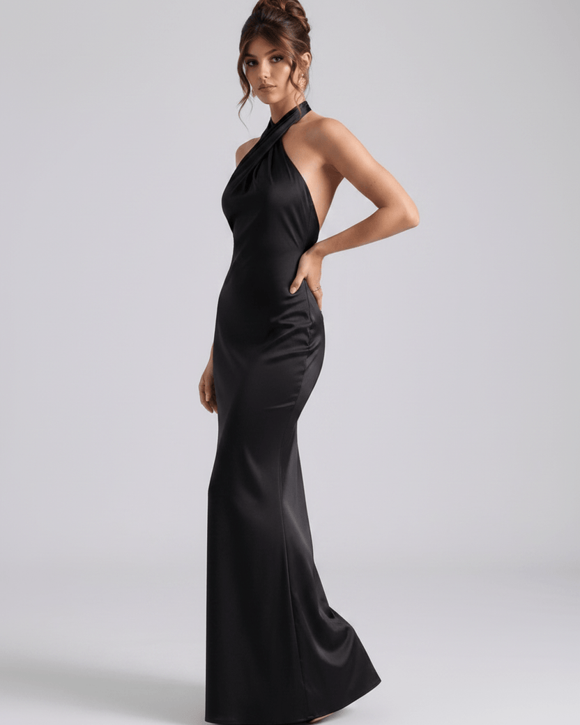 Zerelle Maxi Dress featuring a smooth polyester fabric, halter neckline, and elegant ruffle detailing by Lauven.
