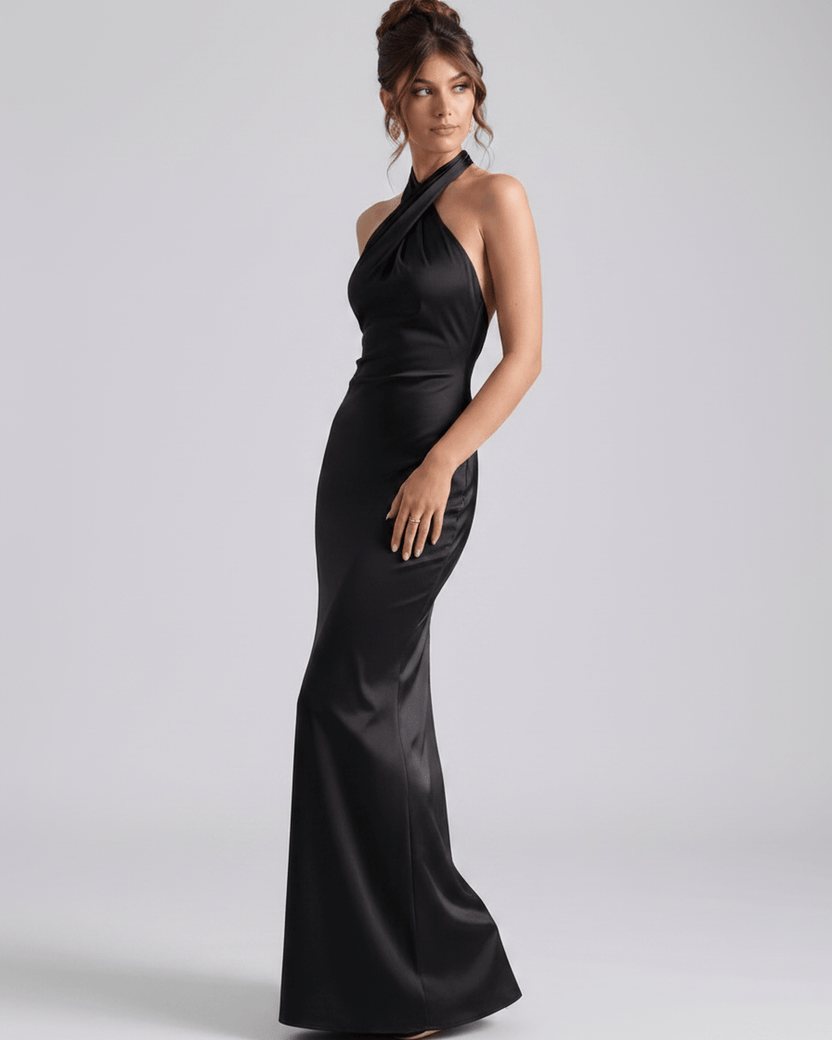 Zerelle Maxi Dress featuring a halter neckline, smooth polyester, and elegant ruffle detailing by Lauven.