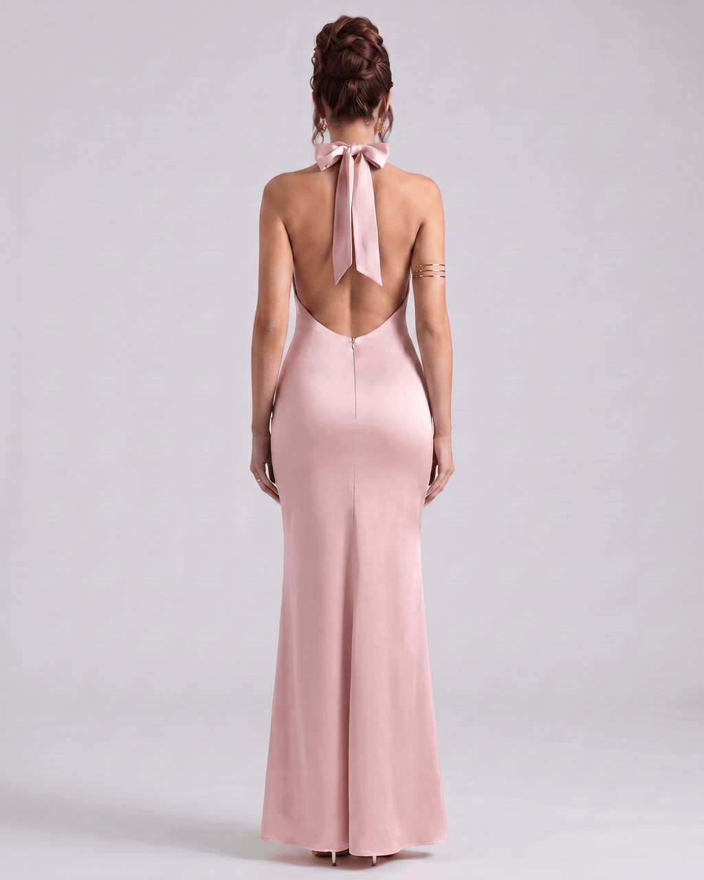 Zerelle Maxi Dress, halter neckline, fluid polyester, sleek back design, Lauven brand, elegant look.