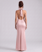 Zerelle Maxi Dress, halter neckline, fluid polyester, sleek back design, Lauven brand, elegant look.