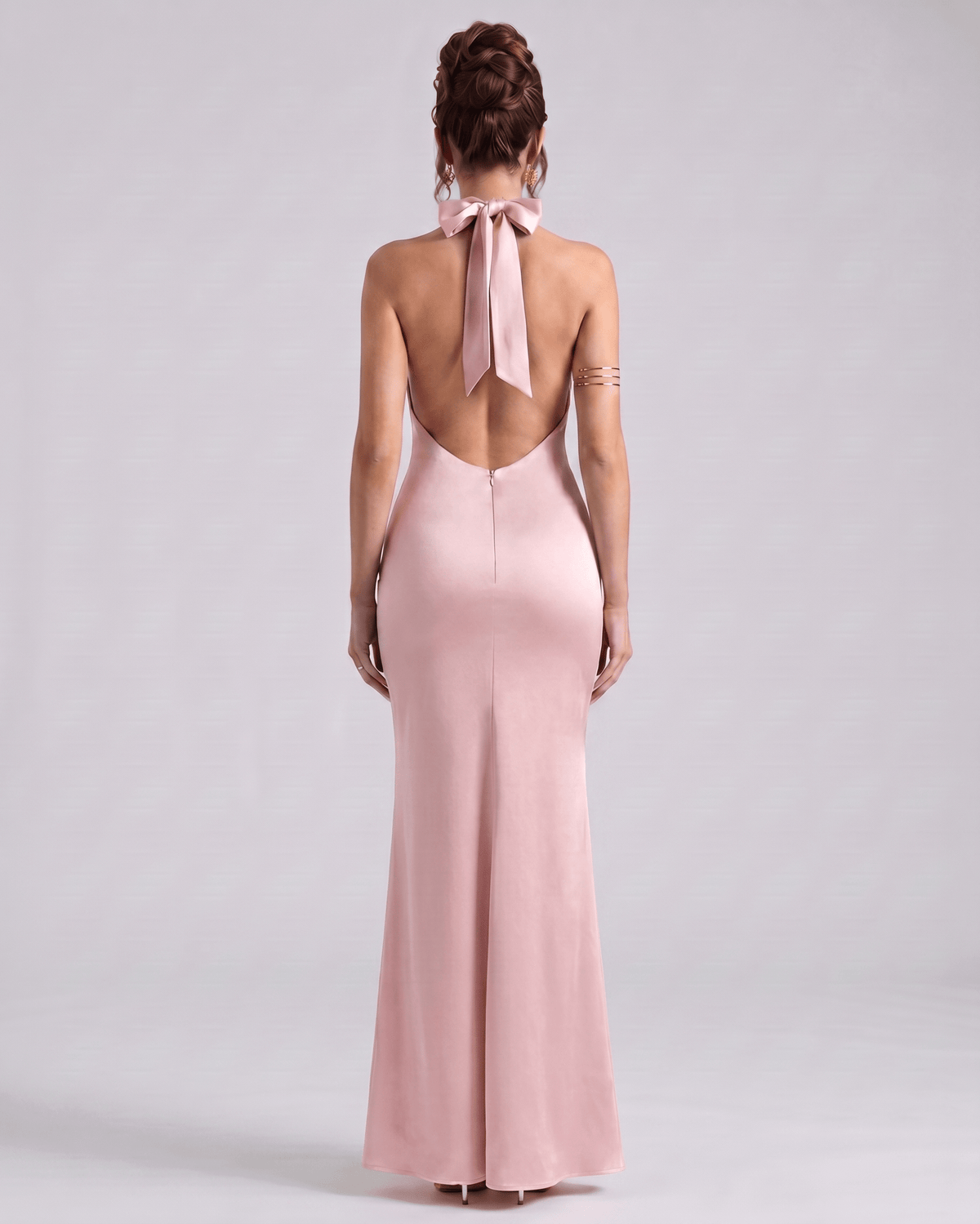 Zerelle Maxi Dress, halter neckline, fluid polyester, sleek back design, Lauven brand, elegant look.