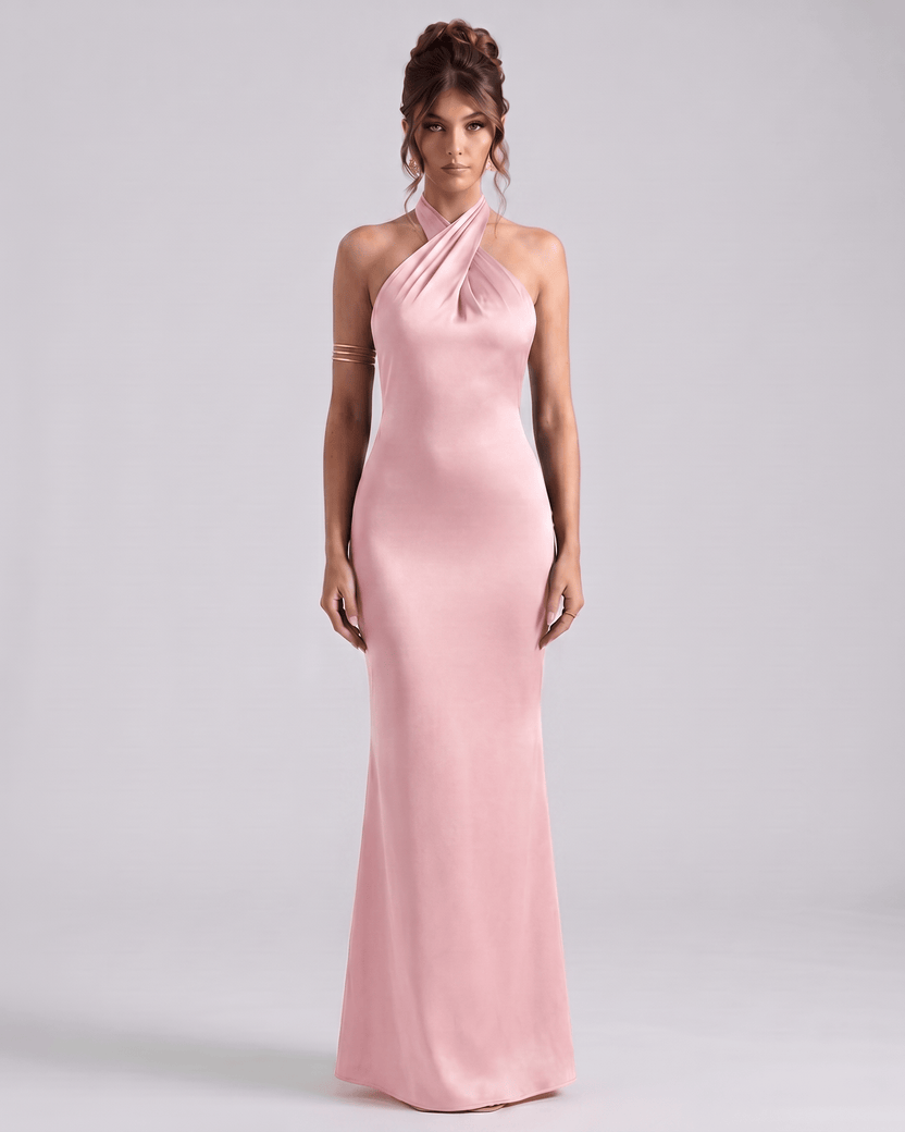 Zerelle Maxi Dress in soft pink with halter neckline and ruffle details by Lauven, perfect for formal occasions.