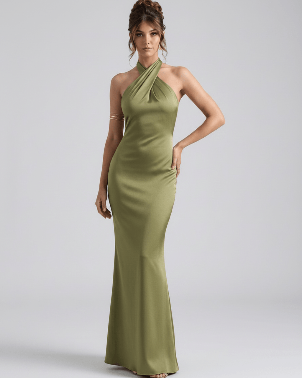 Zerelle Maxi Dress in elegant olive green, featuring a halter neckline and smooth polyester fabric, by Lauven.