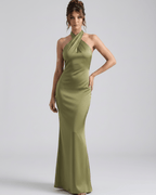 Zerelle Maxi Dress in elegant olive green, featuring a halter neckline and smooth polyester fabric, by Lauven.